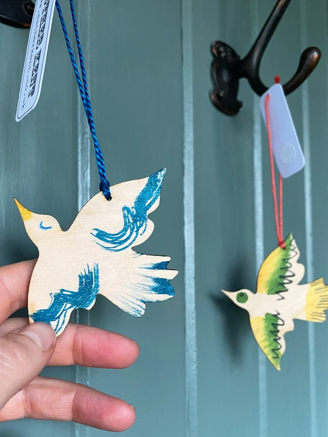 Handpainted wooden bird decoration by Esther Kent