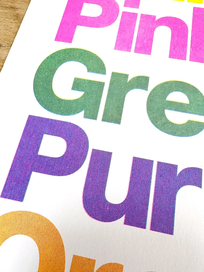 Typographic rainbow 4 colour risograph print on recycled paper