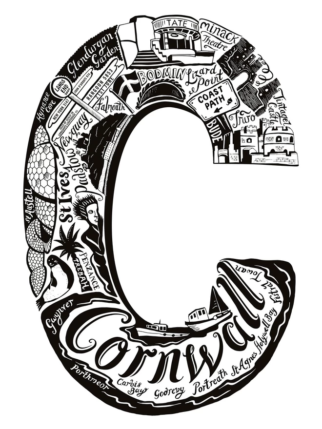 cornwall letter C black and white print
