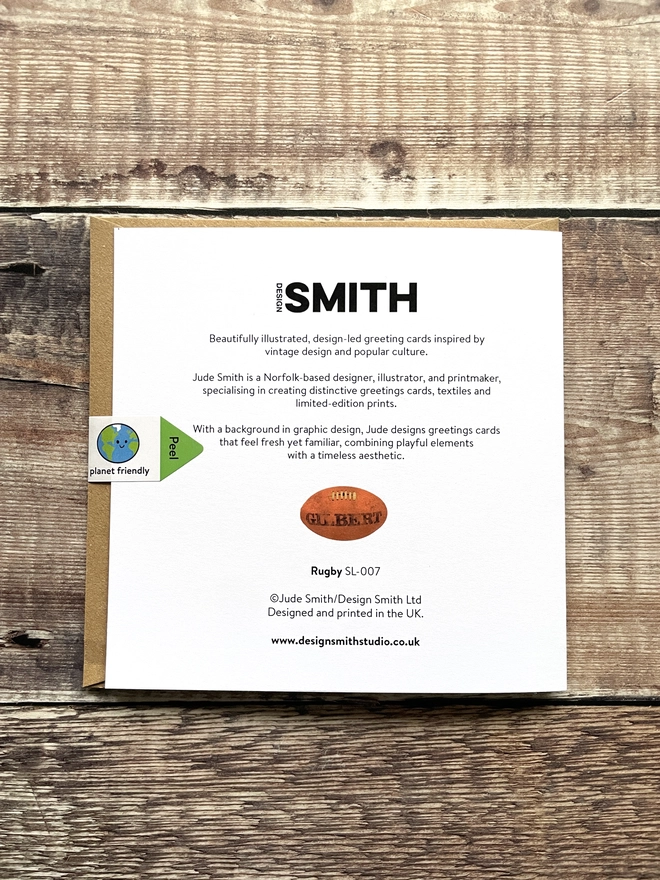 Back of card showing Design Smith biography