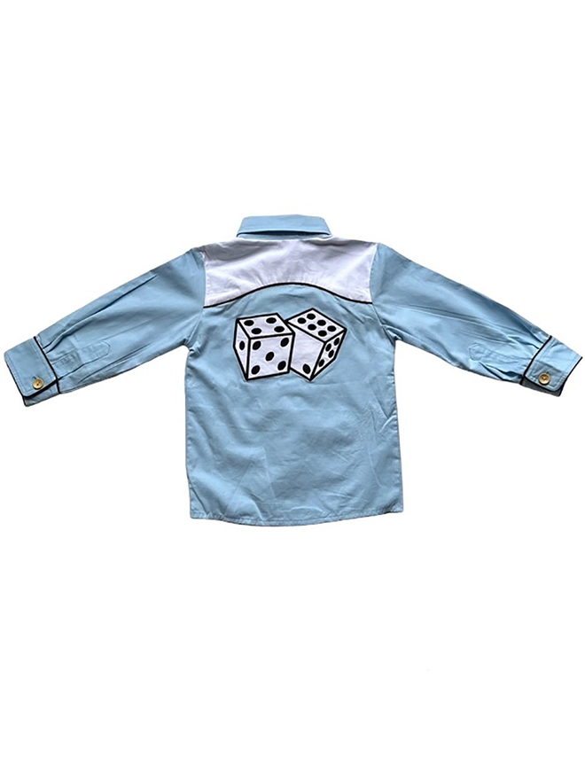 Back of a blue and white cowboy shirt with navy piping showing dice applique.