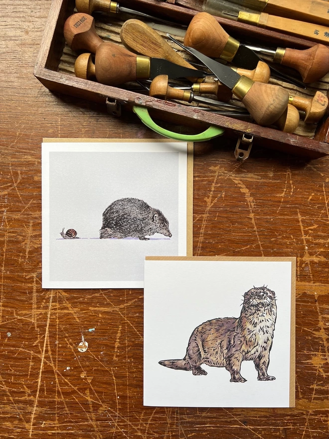 hedgehog and snail card and otter card
