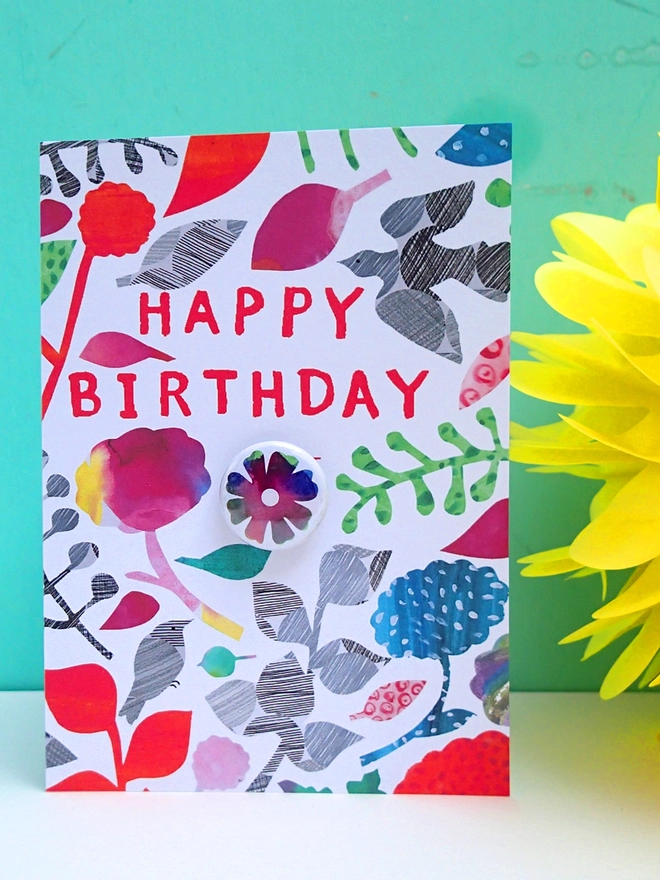 Collage & flower birthday card with pin badge