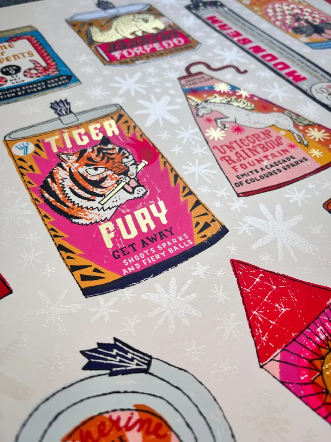 Fireworks Screenprint Snap, Crackle, Pop, a collection of colourful fireworks on a white screenprint. 