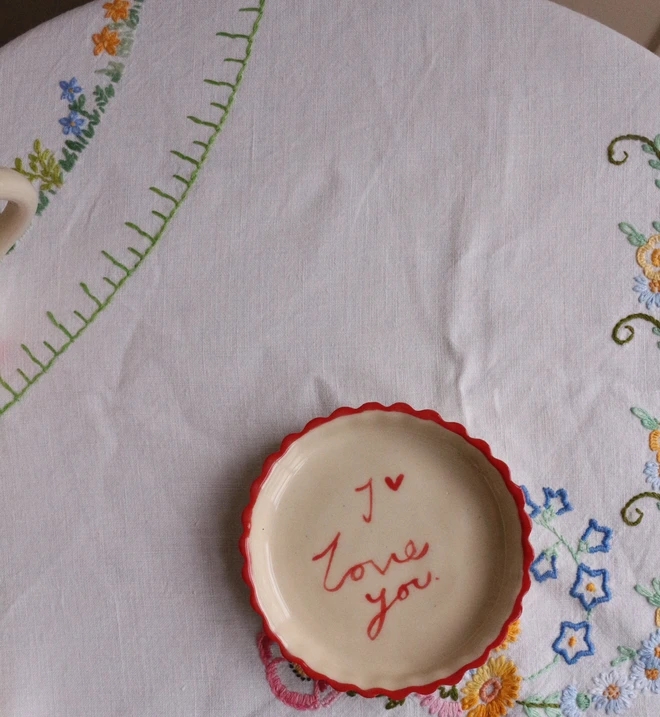 Valentine's Day Gift for her, ceramic hand painted dish with a red heart and I Love Your hand painted on it, 