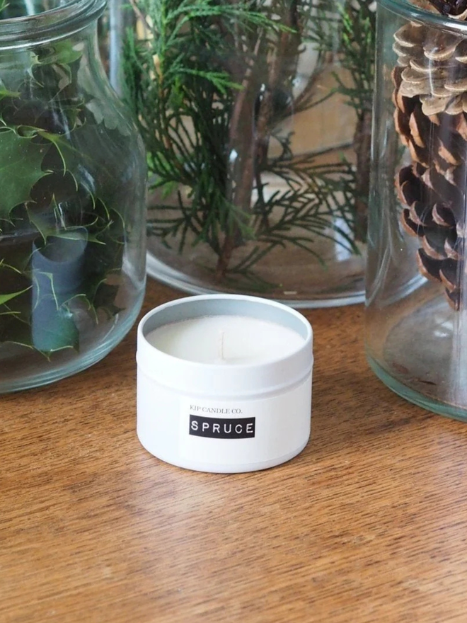Spruce Christmas scented candle travel tin