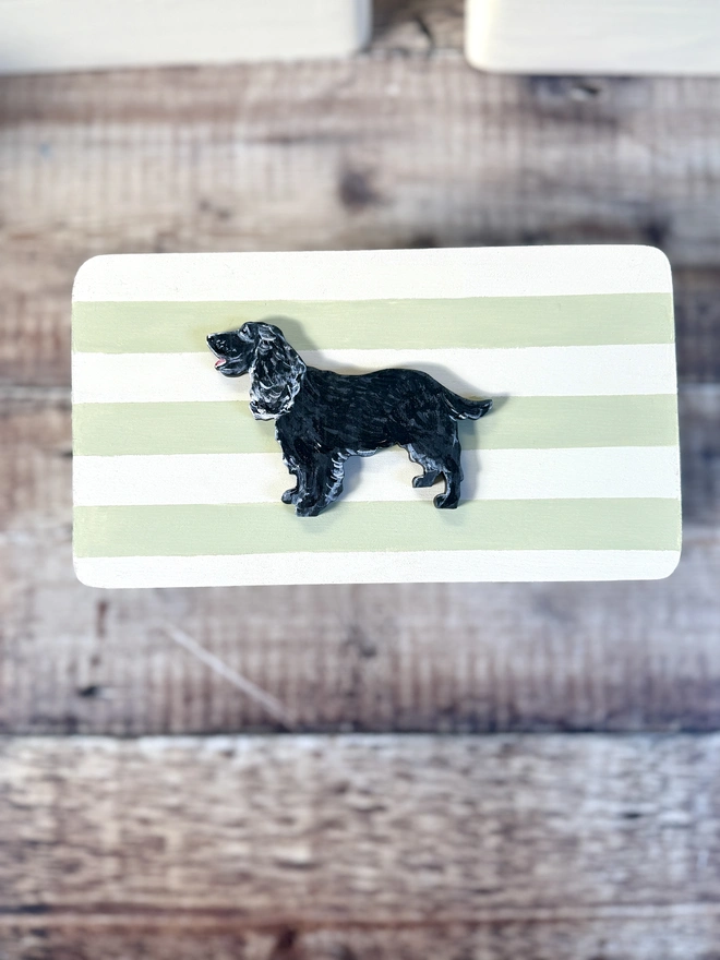 Black cocker spaniel hand painted green and white striped memory box 