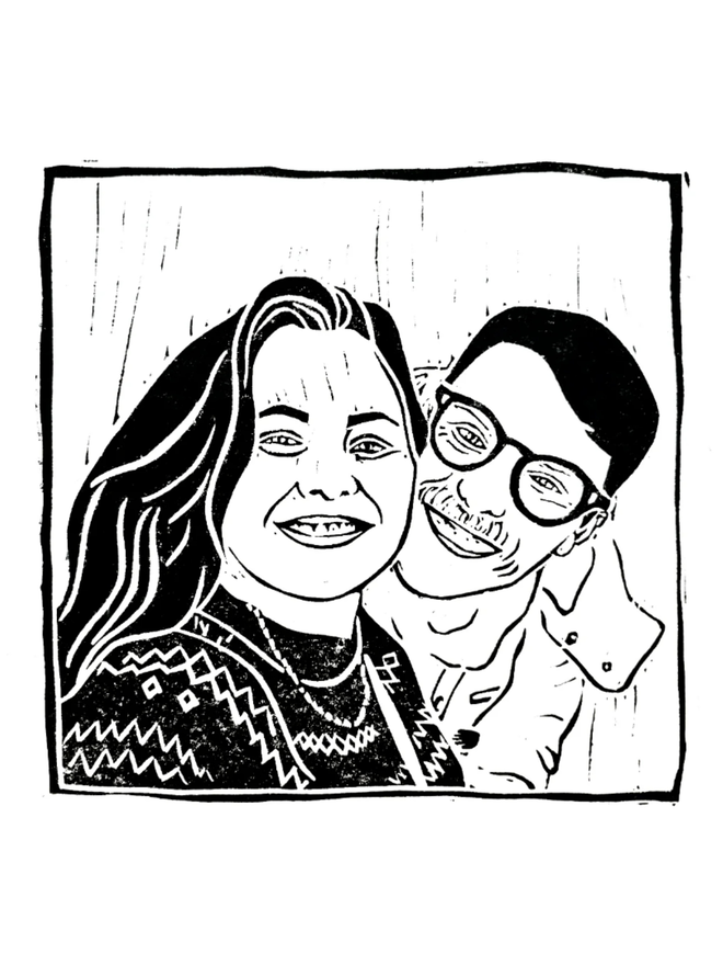 Personalised Handcrafted Linoprints, linoprint of happy couple.