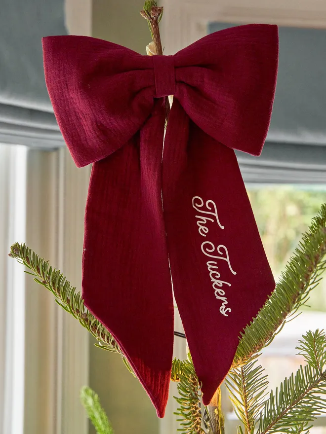 Personalised handmade Christmas bow tree topper