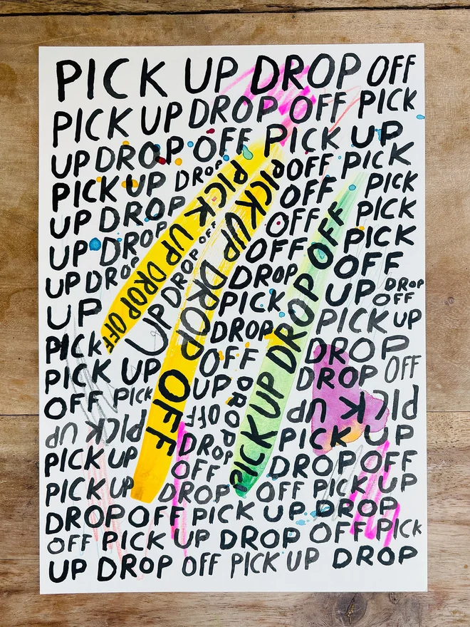 Pick Up Drop Off original artwork in ink, watercolour and pencil, by Chloe Lawson