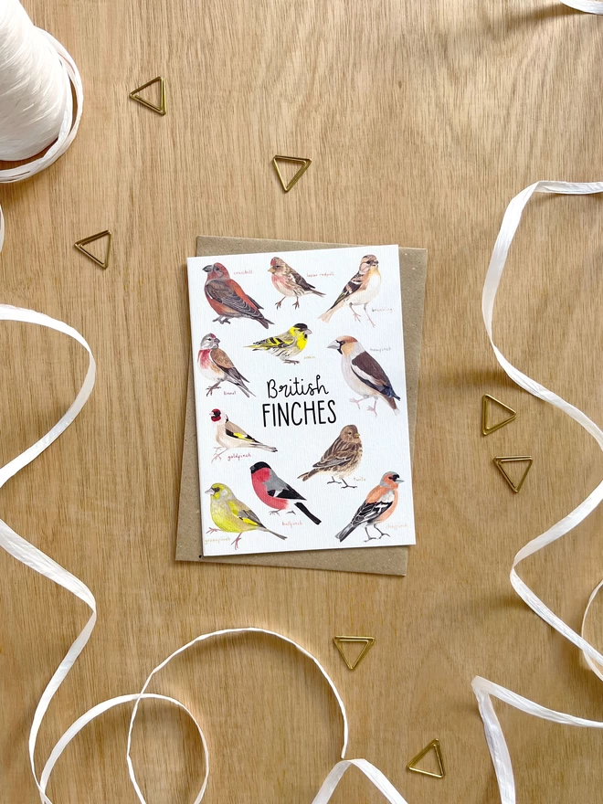 a greetings card featuring finch birds found in britain and the words “British Finches”