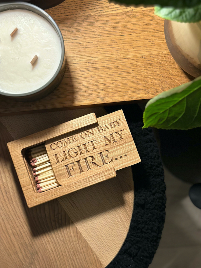 Oak Matchbox with big matches and a candle