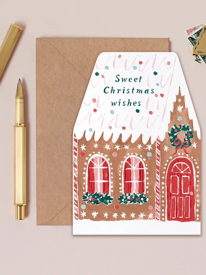 Gingerbread House Christmas Card by Sister Paper Co with a kraft envelope