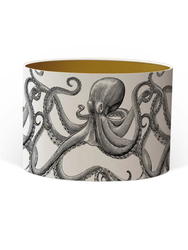 Drum Lampshade featuring Octopus with a Gold inner on a white background