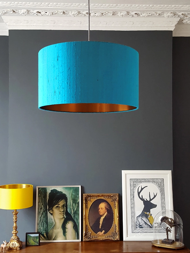 Aqua Blue Silk Handmade Lampshade With Copper or Gold Foil Lining, 