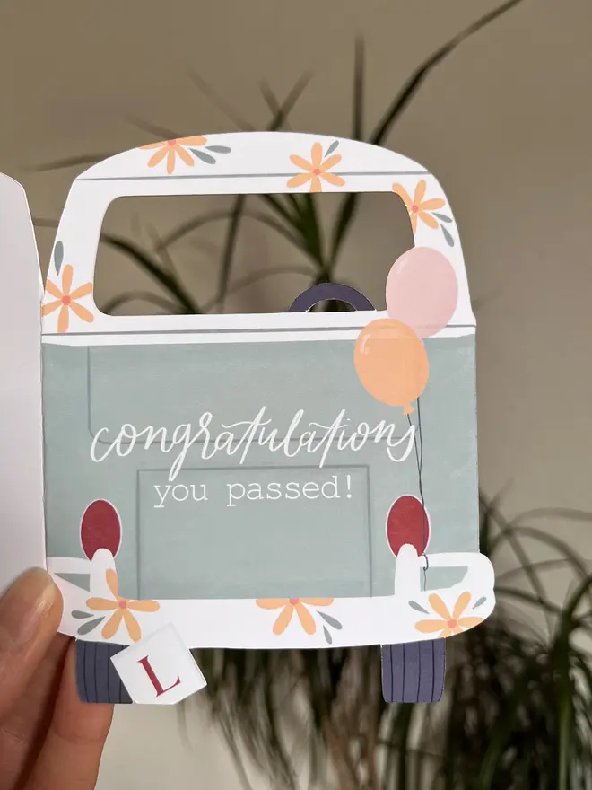you passed driving test card. card shaped like campervan to congratulate new driver.