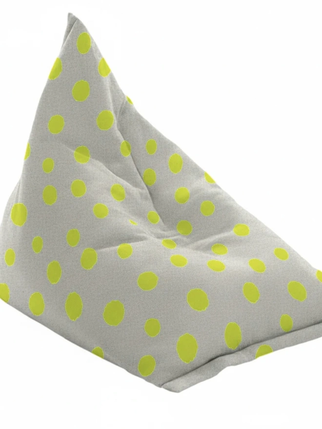 Hand Painted & Repurposed Linen Bean Bag Polka Dot Chair, colourful neon yellow bean bag polka dot chair on a white surface. 