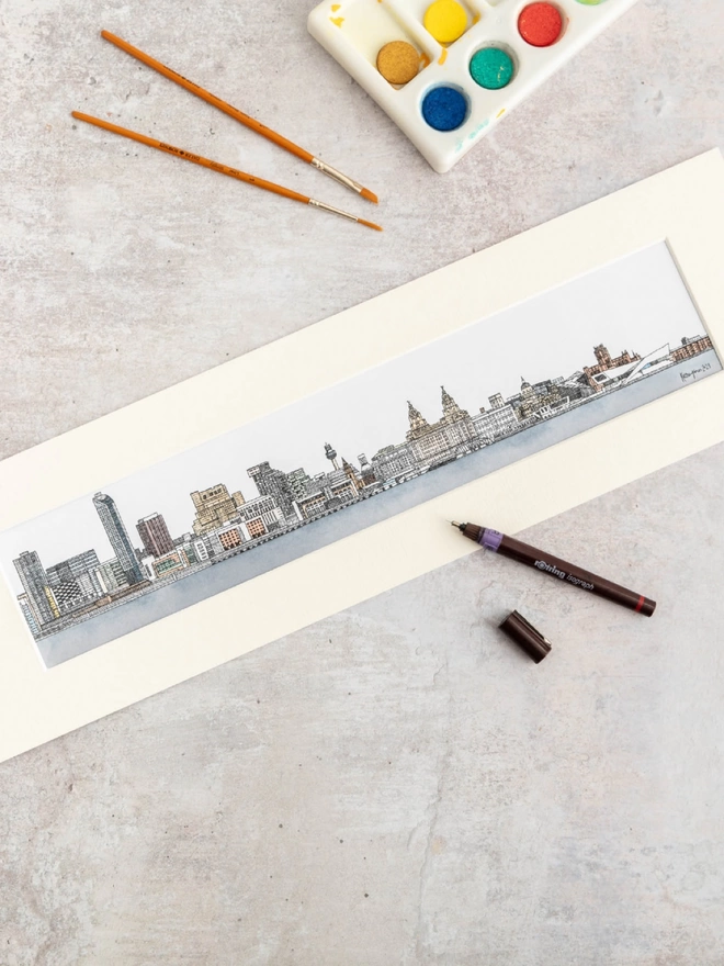 Print of detailed pen and watercolour drawing of Liverpool buildings and waterfront, in a soft white mount