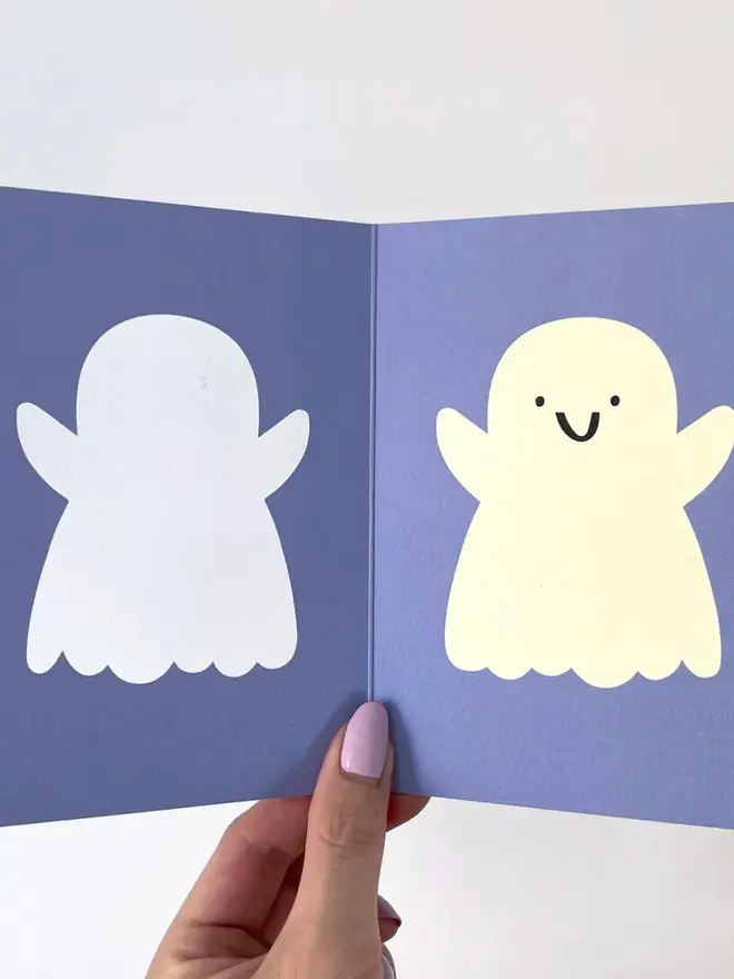 happy ghost cut out blue greeting card inside