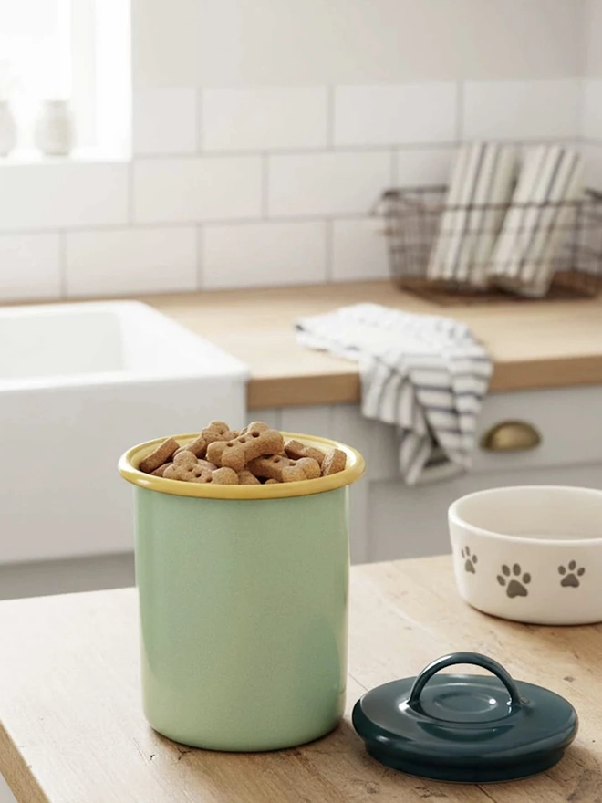 Enamel Storage Jar, a colourful enamel storage jar sitting on a kitchen counter top