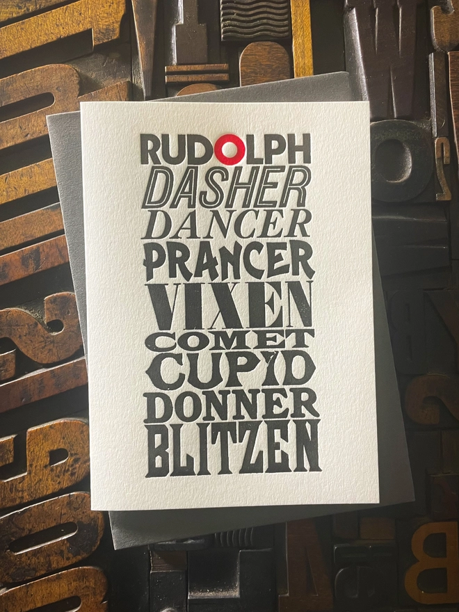 Nine reindeer. Nine typefaces. One magical flight. A typographic tribute to Santa’s reindeer, printed with care in classic letterpress tradition. XMAS For all you typographers out there, A pack of these beautiful typographic letterpress Christmas cards. Printed with rich inks with luxury matching and contrasting envelopes; ideal to send to your designer friends at the festive season. Hand printed on "Mary"; my vintage treadle Arab platen. 