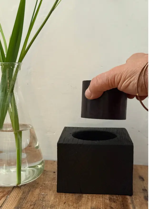 Refillable candle hand poured in wooden Yakisugi charred block candle holder