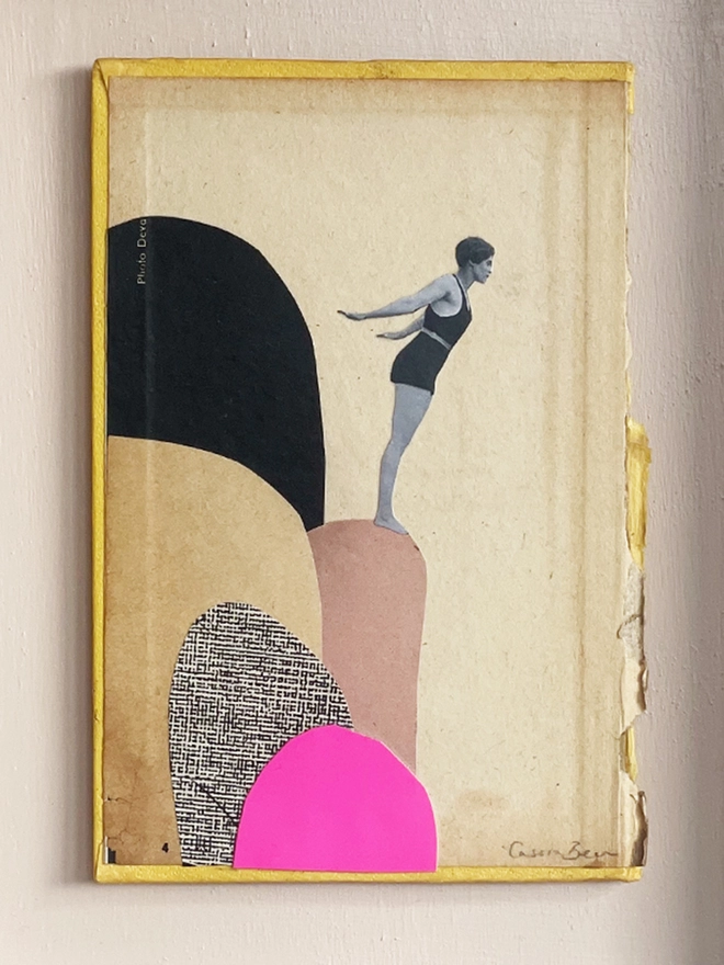 A female diver stands on a range of rocks as she leans in to dive into the sea below. A frame collage made with vintage papers and pop of neon pink with torn edges and interesting textures.
