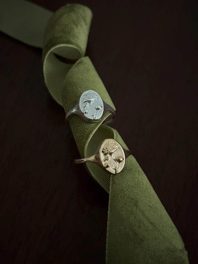 Gold and silver gypsophila signet rings representing love on a green ribbon and dark background