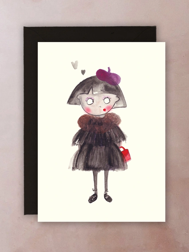 A cute female vampire wearing a chic beret, dress and ruff carrying a red hand bag.