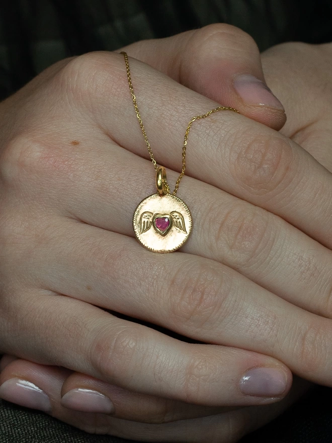 Guardian Angel Necklace With Ruby Heart 9ct gold 