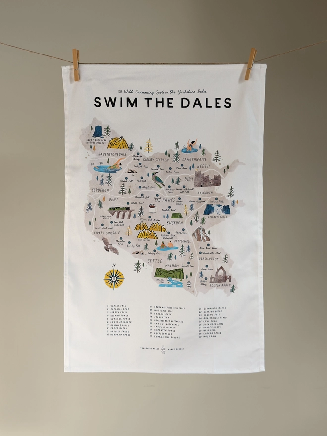 Swim the Dales Map Tea Towel