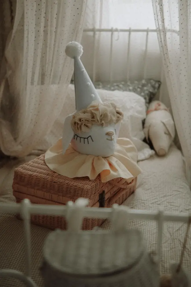 Sheep Head Wall Mount, a hanging sheep head decoration sitting against a plain wall in child's bedroom. 