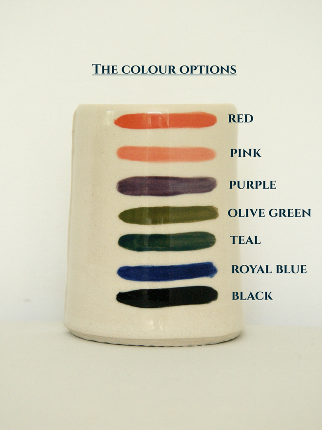 large personalised hand-thrown ceramic mug. mug painted with colour swatches as examples for personalisation.