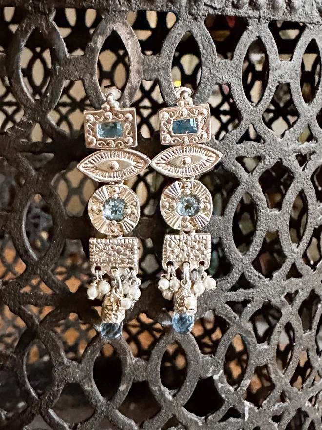 Silver Talisman Geometric Drop Earrings With Topaz 
