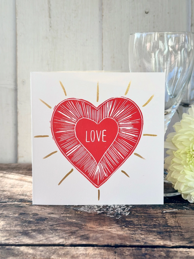 Love Heart Valentines Card A Hand Printed Linocut With Gold 