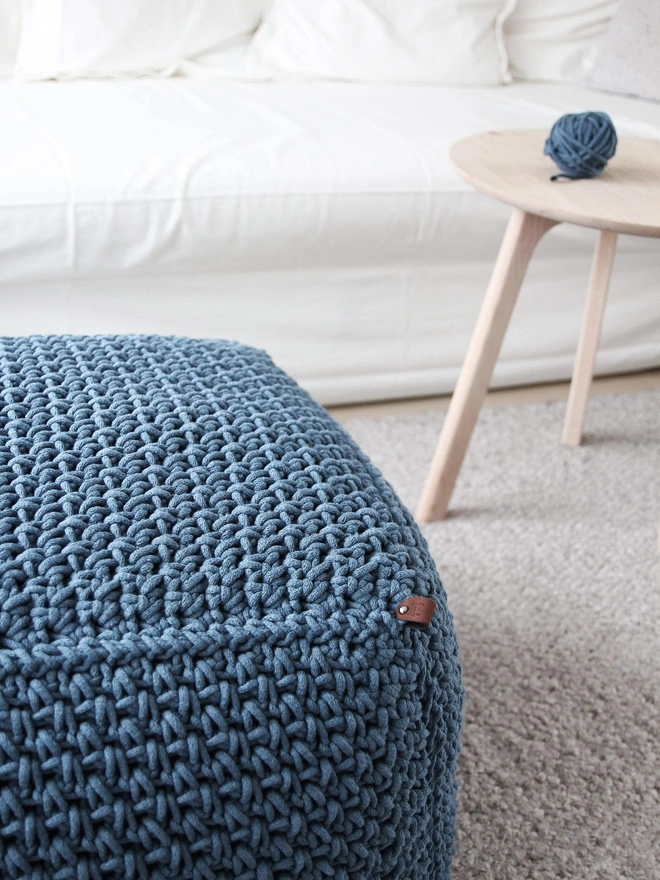 cotton blue square pouffe 