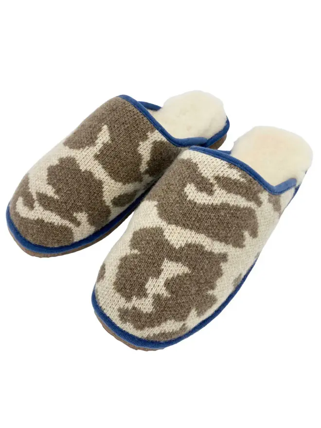 Women's Lambswool & Sheepskin Slippers, a pair of colourful slippers sitting on a white plain surface. 
