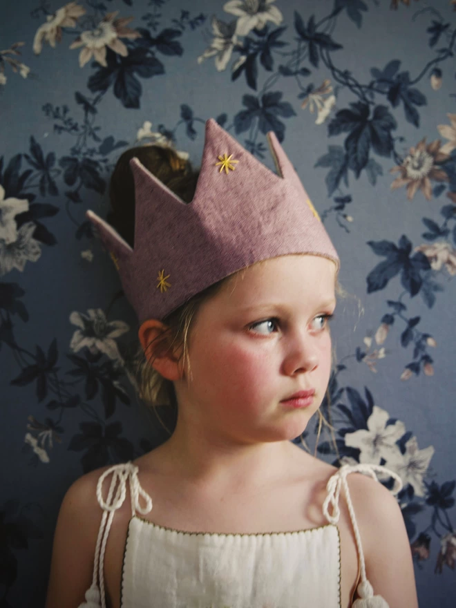 Little girl in her lilac dressing up crown handmade by Runaround Retro