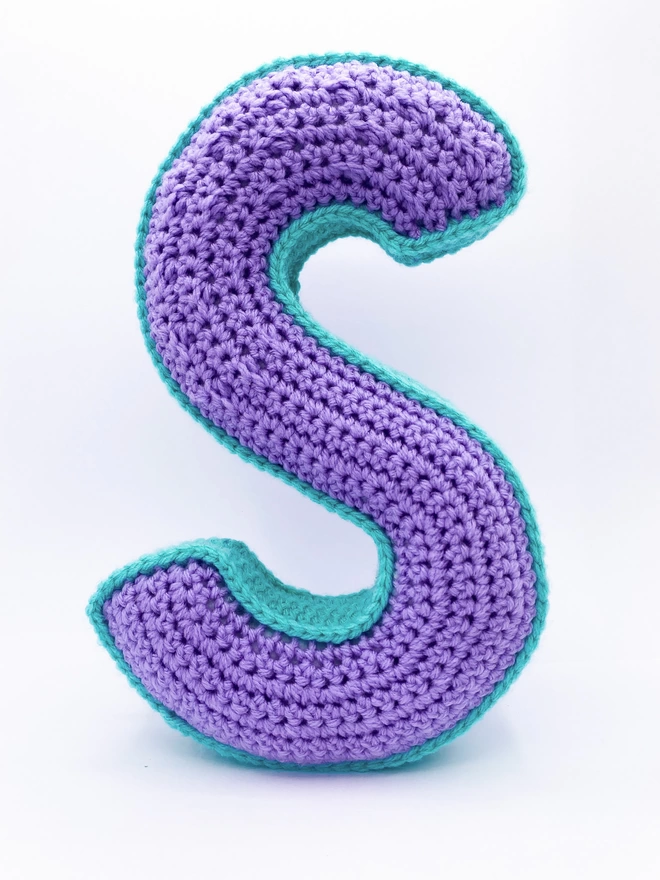 Crocheted S Cushion in Lilac and Teal