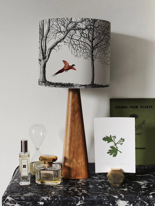 Handmade pheasant lampshade with whimsical woodland illustrations inspired by the British countryside