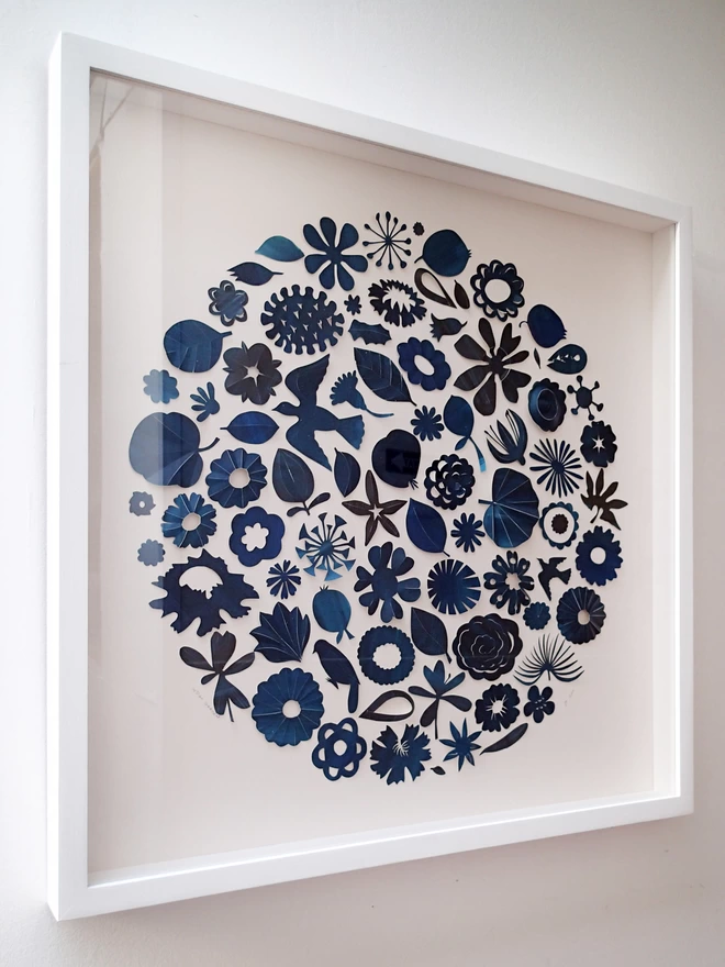 Indigo blue floral collage framed wall art