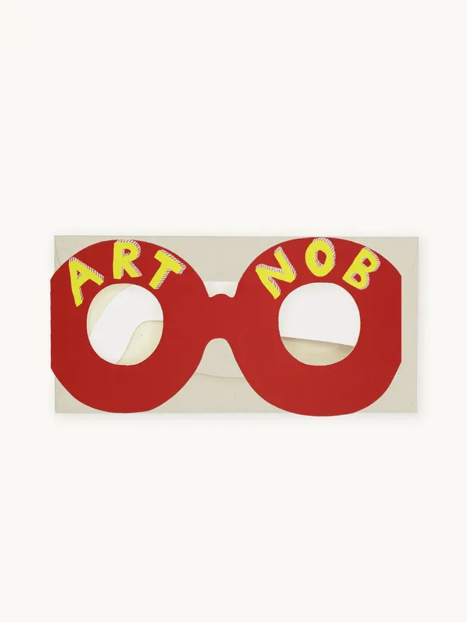 red paper glasses card with 'art nob' text