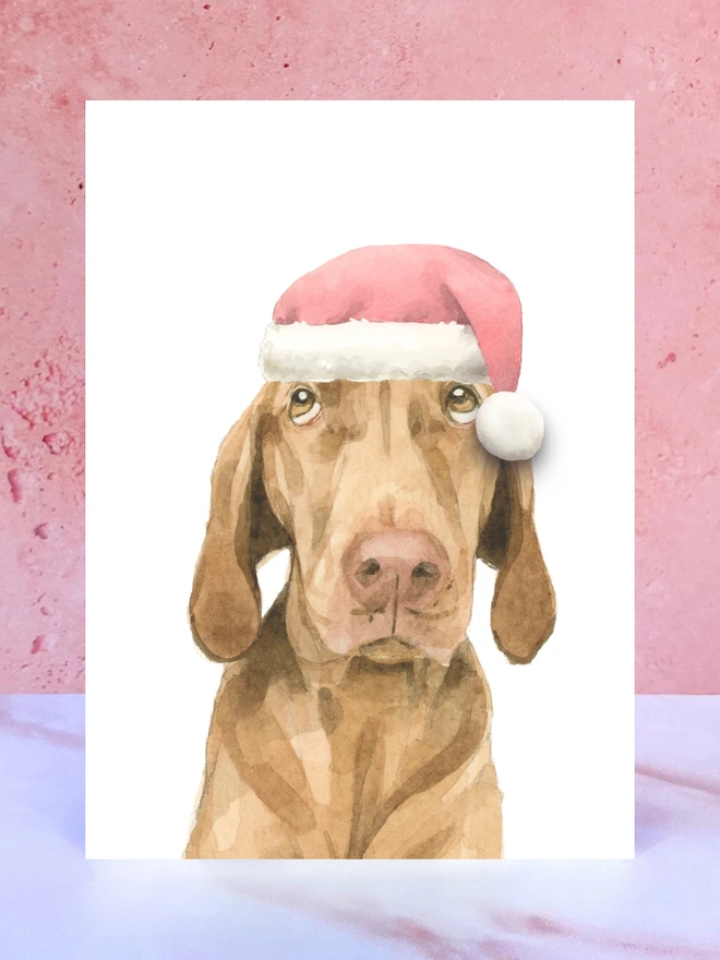 brown tan vizsla dog santa hat pompom christmas card