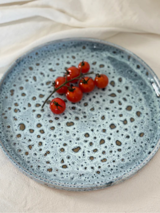 Dinner Plate. A speckled blue plate topped with tomatoes.