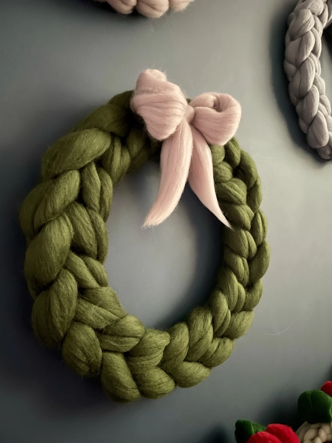 Willow green woolly wreath with mink pink bow