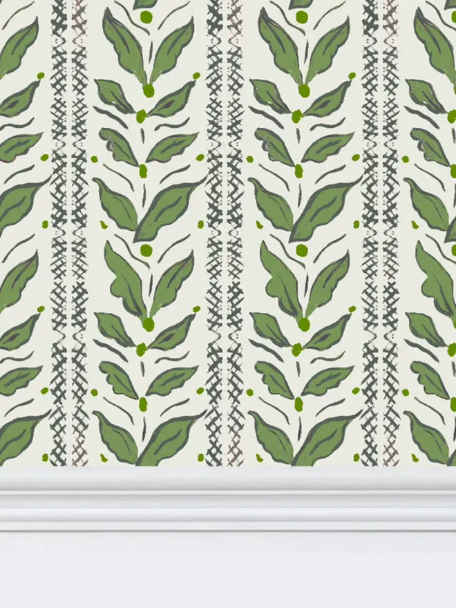 leaf stripe illustrated wallpaper. a green leaf patterned wallpaper.