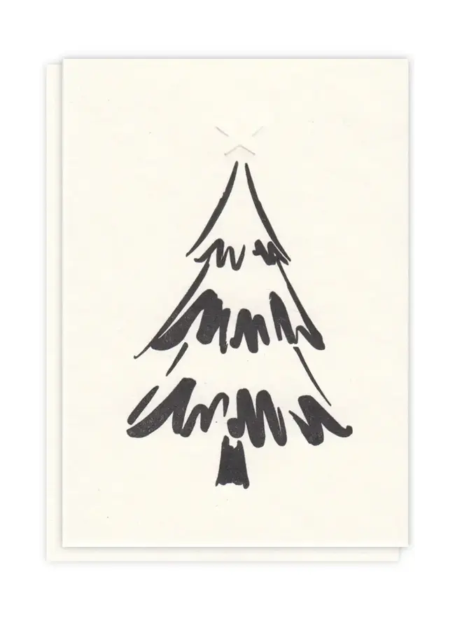 Letterpress Printed Christmas Tree Handcrafted Mini Card. Black print on white background. 