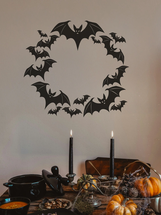 Halloween Bat Wreath Wall Sticker Peel and Stick Removable Wall Art