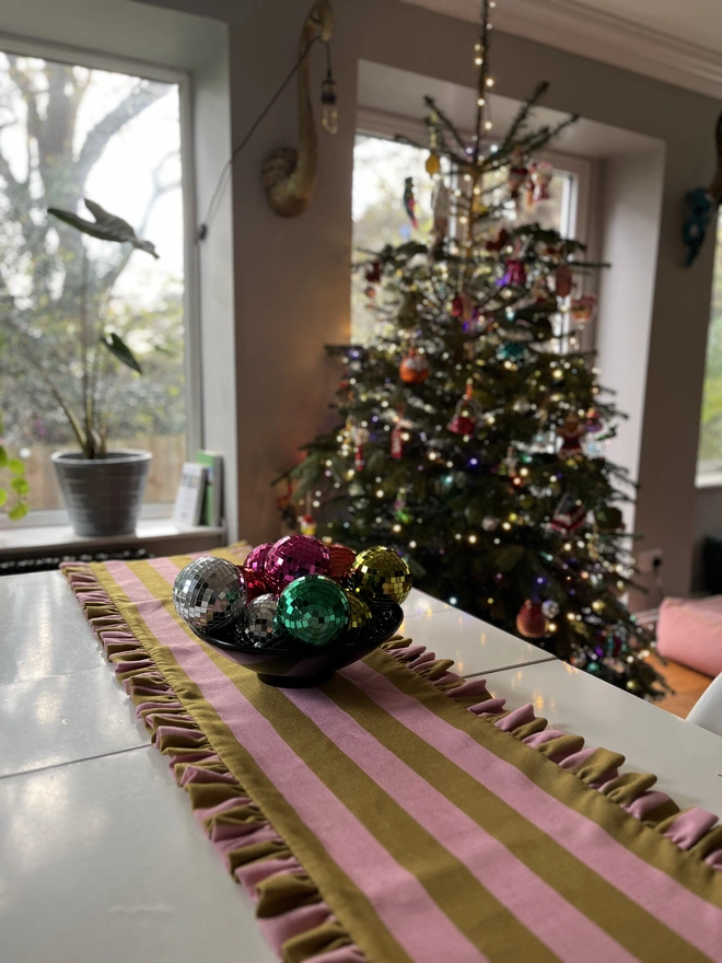 pink and olive stripe ruffled table runner 