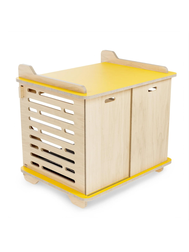 wooden dog crate side view doors